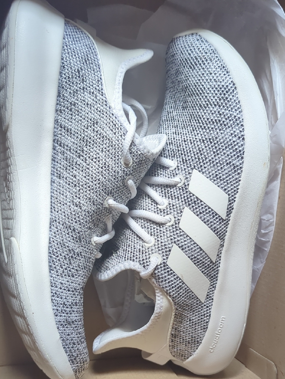 adidas Light Grey Knit Running Shoes with White Stripes